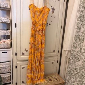 People Floral Print Smocked Sweetheart Neck Wide Leg Jumpsuit